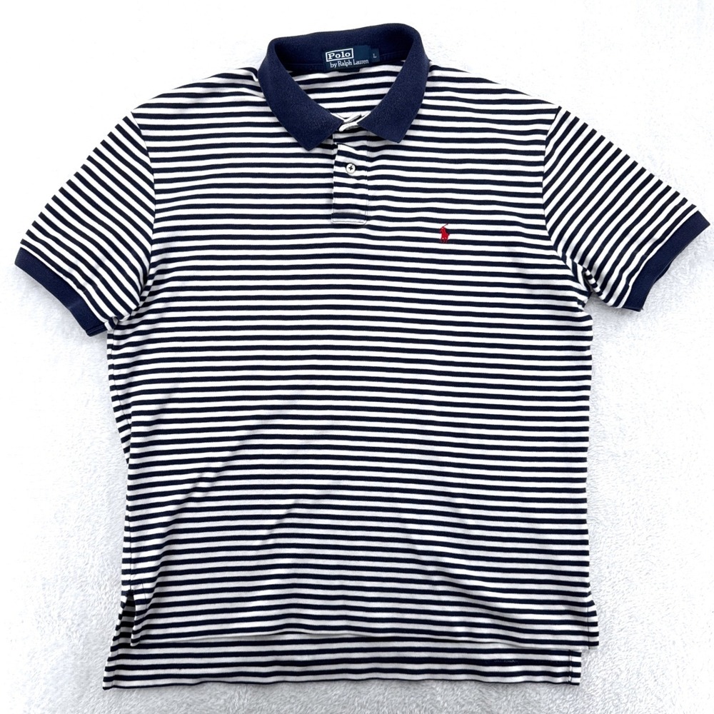 Vintage Polo Ralph Lauren Mens Polo Shirt Large Blue White Striped Short Sleeve